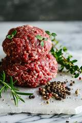 Pile of fresh organic ground beef showcasing marbled texture