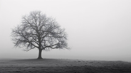 Lone tree in foggy field. Black and white photo of a single bare tree in a foggy field, creating a serene and minimalist scene.