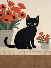 Floral Black Cat Painting Generative AI Illustration 