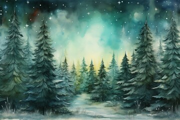 Naklejka premium Artistic watercolor painting of a serene snow-covered forest with starry night sky