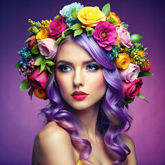 Naklejka premium Colorful portrait of a woman with vibrant floral crown and bouquet, set against a purple background