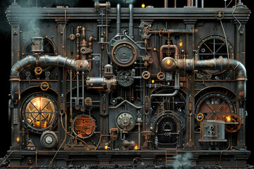 An intricate steampunk machine with numerous pipes, gears, and gauges, all centered around a glowing furnace.