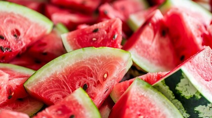 A close up of watermelon slices with black seeds