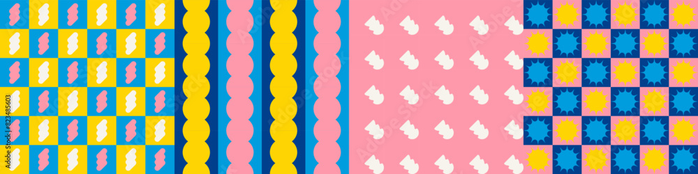 Poster seamless geometric pattern collection. set of trendy color brutal shapes repeated. abstract backgrou