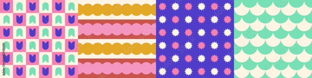 Poster seamless geometric pattern collection. set of trendy color brutal shapes repeated. abstract backgrou