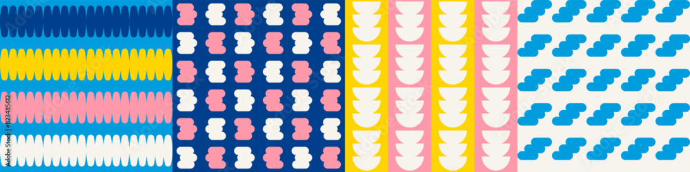 Poster seamless geometric pattern collection. set of trendy color brutal shapes repeated. abstract backgrou
