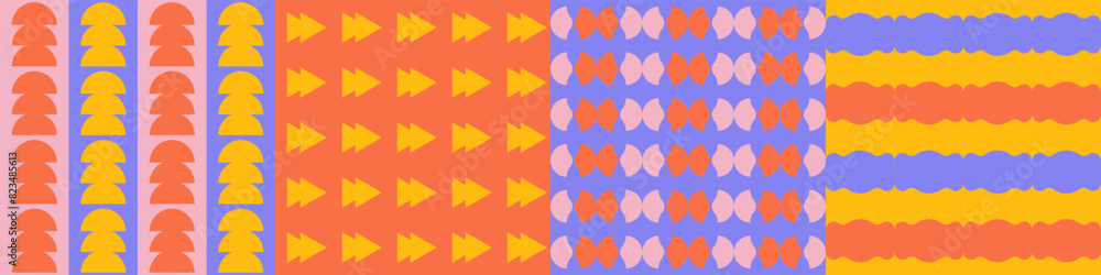 Poster seamless geometric pattern collection. set of trendy color brutal shapes repeated. abstract backgrou