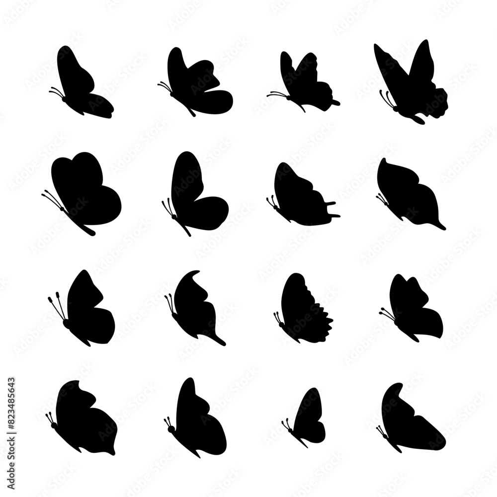 Sticker butterfly icon set. black butterflies silhouettes isolated on white background