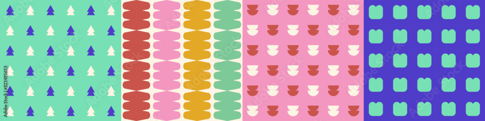 Poster seamless geometric pattern collection. set of trendy color brutal shapes repeated. abstract backgrou