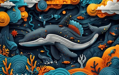 Illustrate a harmonious blend of educational symbols and marine elements in a sleek, modern graphic design style, featuring an aerial perspective for a captivating visual narrative