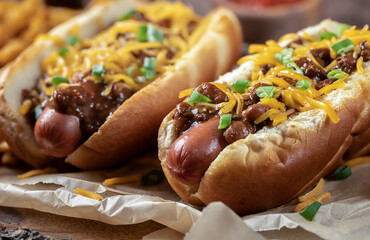 Chili hot dogs with shredded cheddar cheese and chopped green onions