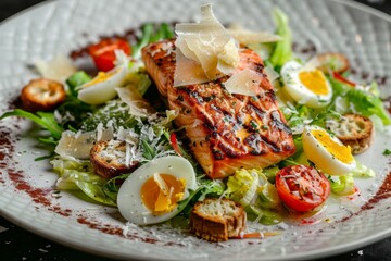 Caesar Salad with Grilled Salmon, Red Fish Fillet Salat, Quail Egg, Mini Baguette Crackers