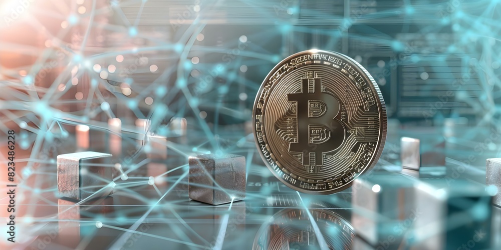 Poster floating golden bitcoin cubes symbolize cryptocurrency value over digital grid network. concept bitc