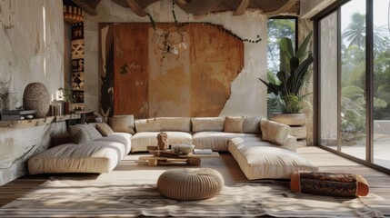 A living room with a large couch and a potted plant. The room has a rustic feel with a lot of natural light coming in through the windows