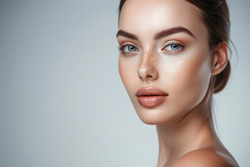 Naklejka premium Glamour fashion beauty portrait of beautiful woman with professional makeup on grey background.Macro.AI Generative.