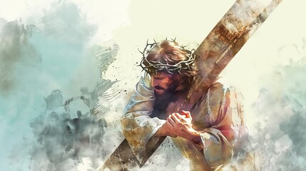 Illustration of Jesus with a crown of thorns, carrying the cross.