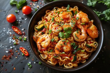 A bowl of shrimp and noodles with a variety of vegetables and spices