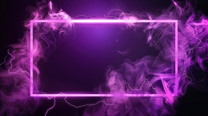 Empty frame decorated with neon purple toxic smoke and lightning discharges isolated on transparent background. Realistic vector illustration of rectangular border glowing in darkness. Design element 