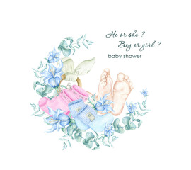 Pair newborn soles, bottom view cute feet. Tiny chubby legs with cute heels and toes. Realistic skin colors. Watercolor illustration on isolated white background with flowers, pacifier, bottle