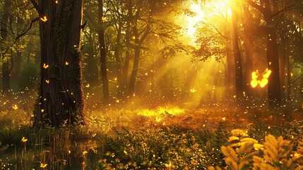 Craft an enchanting 3D depiction of a forest glade bathed in golden sunlight, with towering trees, lush foliage, and magical fireflies dancing in the air. This high-resolution image is perfect for fan