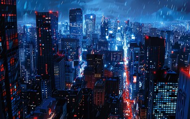 Capture a sleek, minimalist cityscape at night, from a birds-eye view, with glowing windows hinting at jazz music vibes