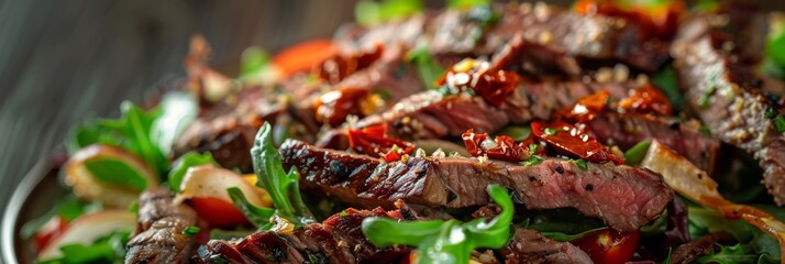 Roast beef salad, sunday roast, tomatoes, greens. Veal meet, vegetables, roasted spicy bone marrow