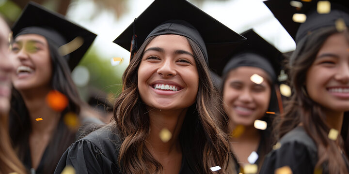 portrait photography of fresh college graduate hispanic young woman, graduation cap, black and yellow outfit, celebration