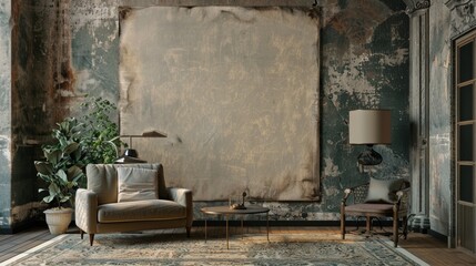 A room with a large white wall and a couch and chair. The room has a rustic feel to it