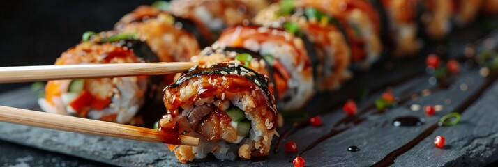 Eating Sushi Rolls with Chopsticks in Hands, Taking Sushi Roll, Eating Susi in Japanese Restaurant