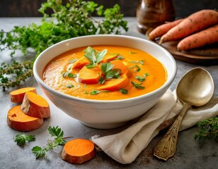 Süßkartoffelsuppe mit Süßkartoffeln und frischen Kräutern
