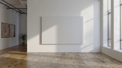 Obraz premium A large white wall with a painting hanging on it. The room is empty and has a minimalist feel