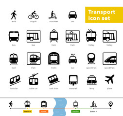 City public transport icons set. The outline icons are well scalable and editable. Contrasting vector elements are good for different backgrounds. EPS10.