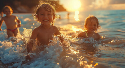 Happy kids having good time on the beach on sunny summer evening.Macro.AI Generative.