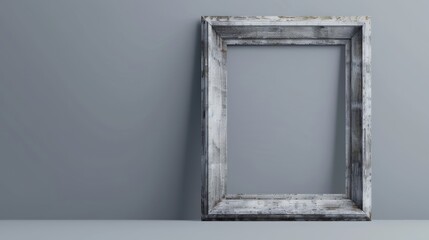 Rustic, weathered picture frame leaning against a plain, light grey background