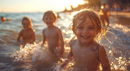 Obraz premium Happy kids playing in sea on the beach on sunny summer evening on holiday.Macro.AI Generative.