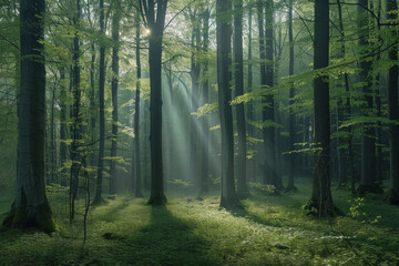 Green forest with beech trees, during spring time, with sun light and shadows, in a morning misty atmosphere.