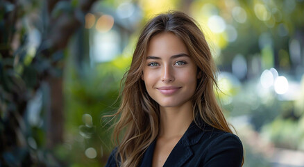 Obraz premium Young beautiful smiling business woman standing outdoor on street on sunny summer morning.Macro.AI Generative.