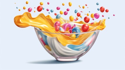 Eating of healthy cornflakes with milk from bowl on table, 2d illustration. Pile of cornflakes on a bowl.