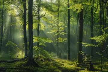 Green forest with beech trees, during spring time, with sun light and shadows, in a morning misty atmosphere.