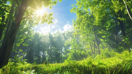 A3D rendered illustration of a podcast background inspired by nature, featuring a lush green forest, a clear blue sky, and sunlight streaming through the trees.  