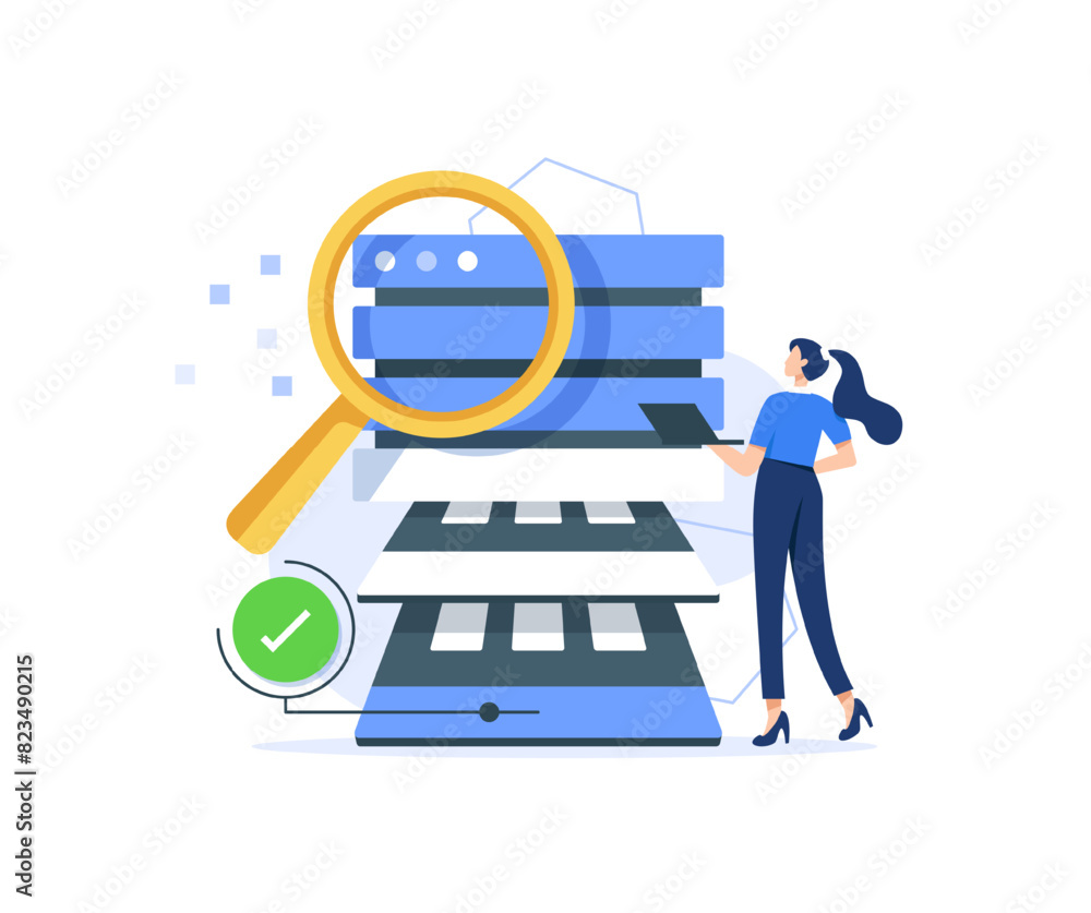 Poster database searching concept with stack of files and golden magnifying glass,flat design icon vector i