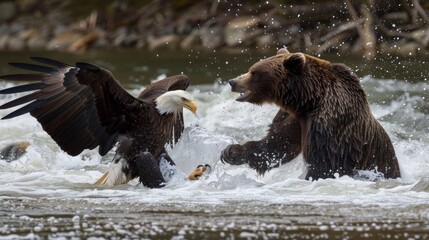 Bear and an eagle are engaged in a dynamic confrontation over a fish in a river, with water splashing around them.