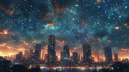 Obraz premium Nighttime Futuristic City: Illuminated Skyscrapers in Starry Skyline
