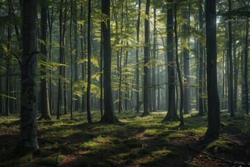 Green forest with beech trees, during spring time, with sun light and shadows, in a morning misty atmosphere.