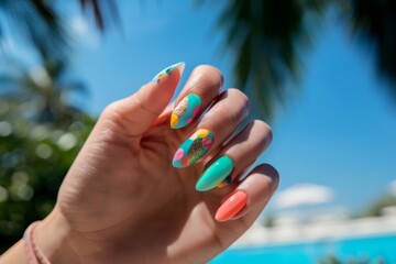A Woman's Hand With Long And Colorful Nails Painted With Summer-Themed Nail Art Beach Background Nail Salon