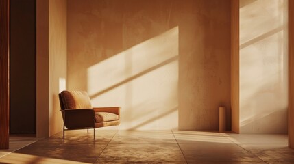 A tan room with a chair in the center. The chair is facing the window and is in the sunlight
