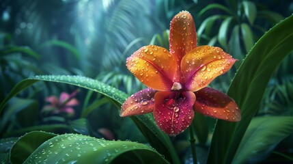 Close-up of a vibrant, orange orchid covered in dewdrops in a lush, green rainforest, evoking a...