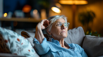 A woman is sitting on a couch with her head resting on her hand. She is wearing glasses and she is in a relaxed state - Powered by Adobe