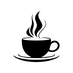 A black and white coffee cup with steam rising from it