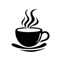 A black and white coffee cup with steam rising from it